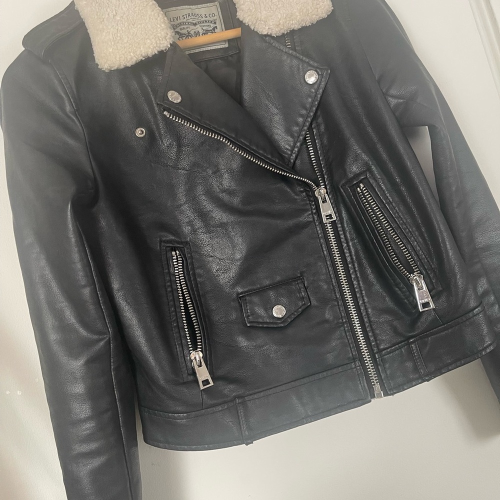 Levi's Black Leather Jacket with Cream Collar